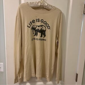 Life is Good"LET'S GO FISHING"Cream Crusher-Lite Tee-L-Long Sleeve-Bear w/Salmon